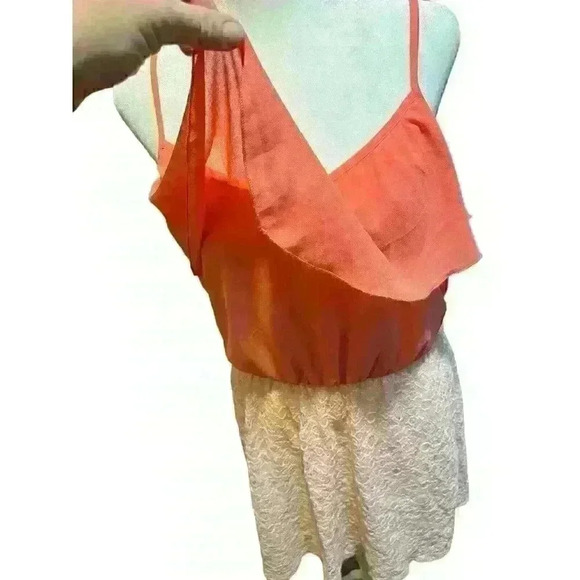 IZ Byer Women's Large V-Neck Coral Pink Flowy Dress with Lace Bottom Sleeveless - Picture 7 of 9